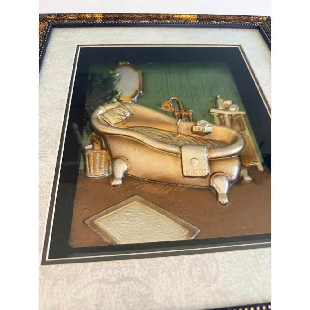 Vintage 3D Bathroom Wall Art, Shadow Box Decor, Framed Sink & Tub Scenes, 2pk